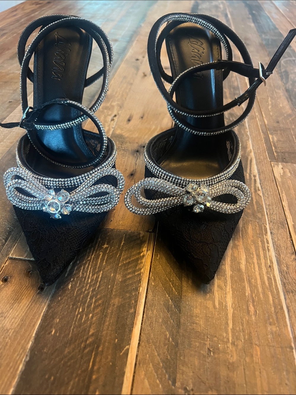Liliana Black Pointed Toe Rhinestone Bow Heels